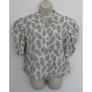 The Shirt Rochelle Behrens Top Blouse Large Ivory Palm Leaf‎ Puff Sleeve Henley